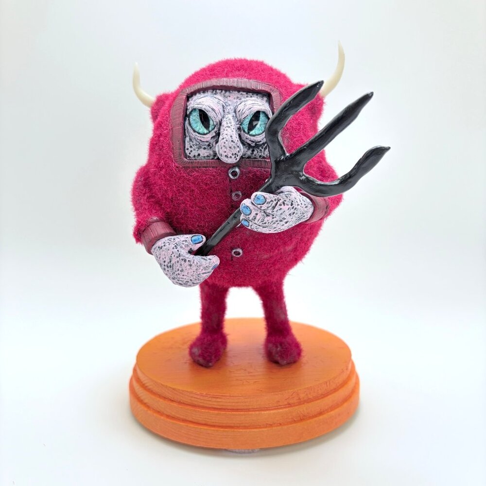 Whimsical Cute Monster In Devil Pajamas Desk Sculpture Polymer Clay 1 of 1, Sign